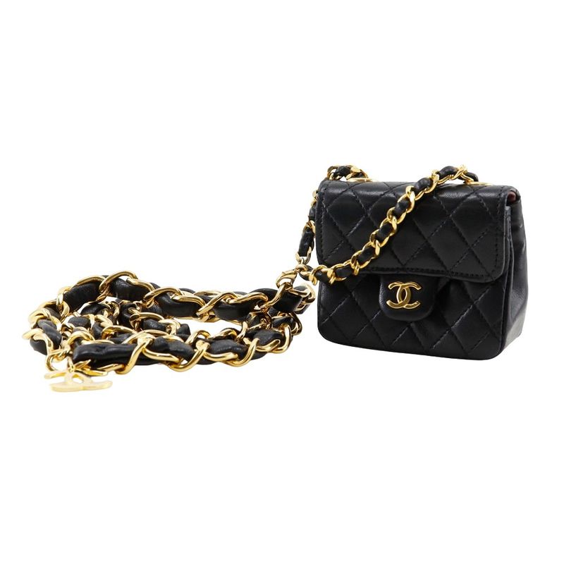 Chanel Chain Pochette Micro Matelasse Rare Vintage Lambskin Black Women's Waist