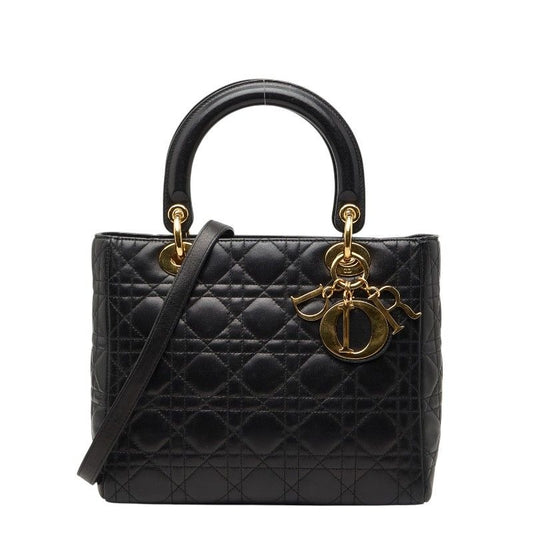Dior Cannage Lady 2-Way Shoulder Bag Black Leather