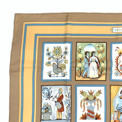 Hermes Carre 90 Imagerie Popular Prints Beige Scarf Silk