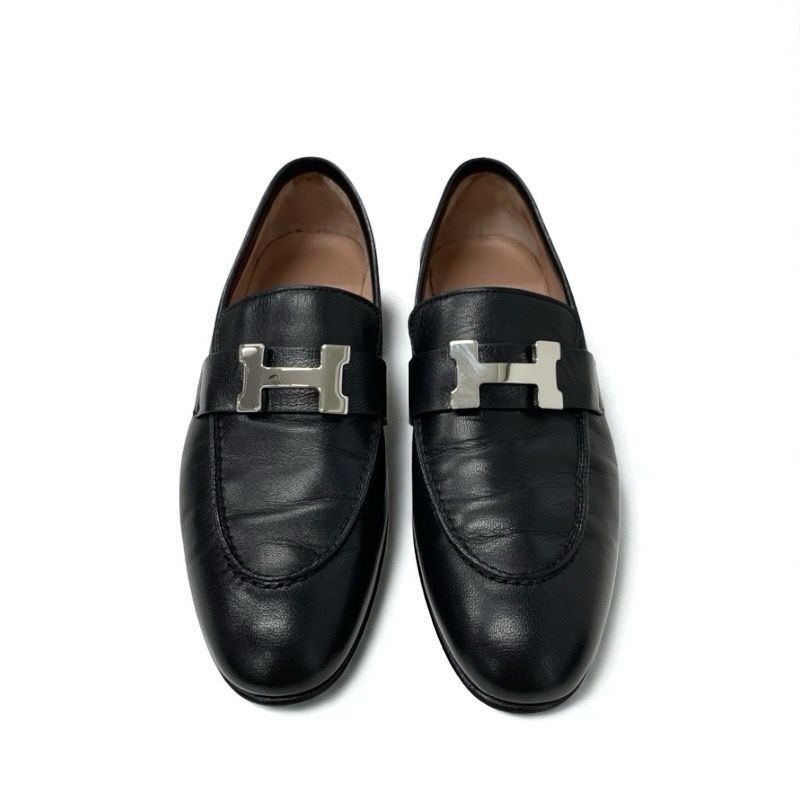 Hermes Paris Loafer Leather Shoes Leather Black Silver Hhardware Moccasin Flat