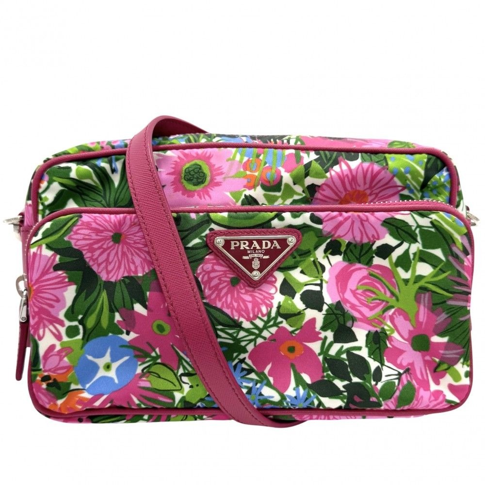 Prada Shoulder Bag Pochette Triangle Logo Floral Pattern Flower