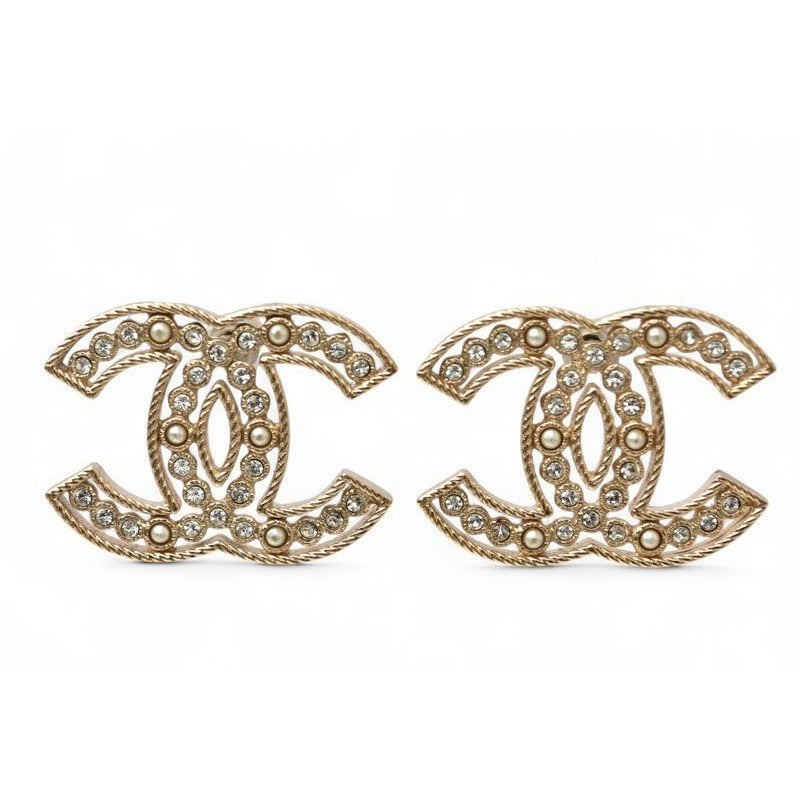 Chanel Accessories CC Logo Rhinestone Pearl Motif Gold B19