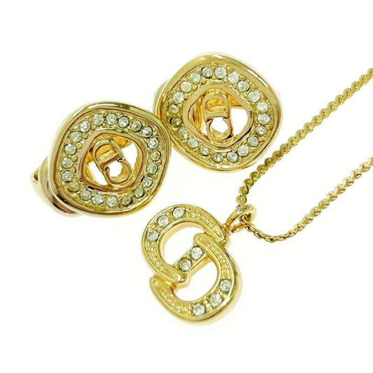 Christian Dior GP Rhinestone CD Logo Necklace Earrings Set Gold
