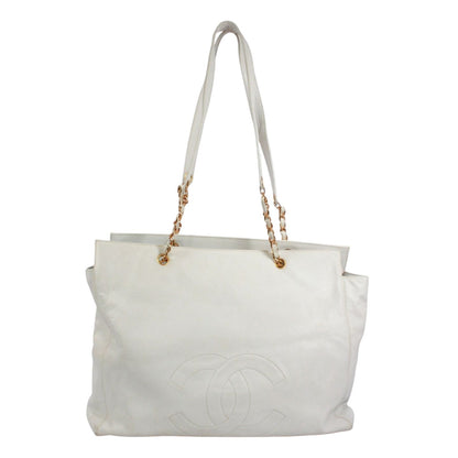 Chanel CC Logo Caviar Leather White Tote Gold