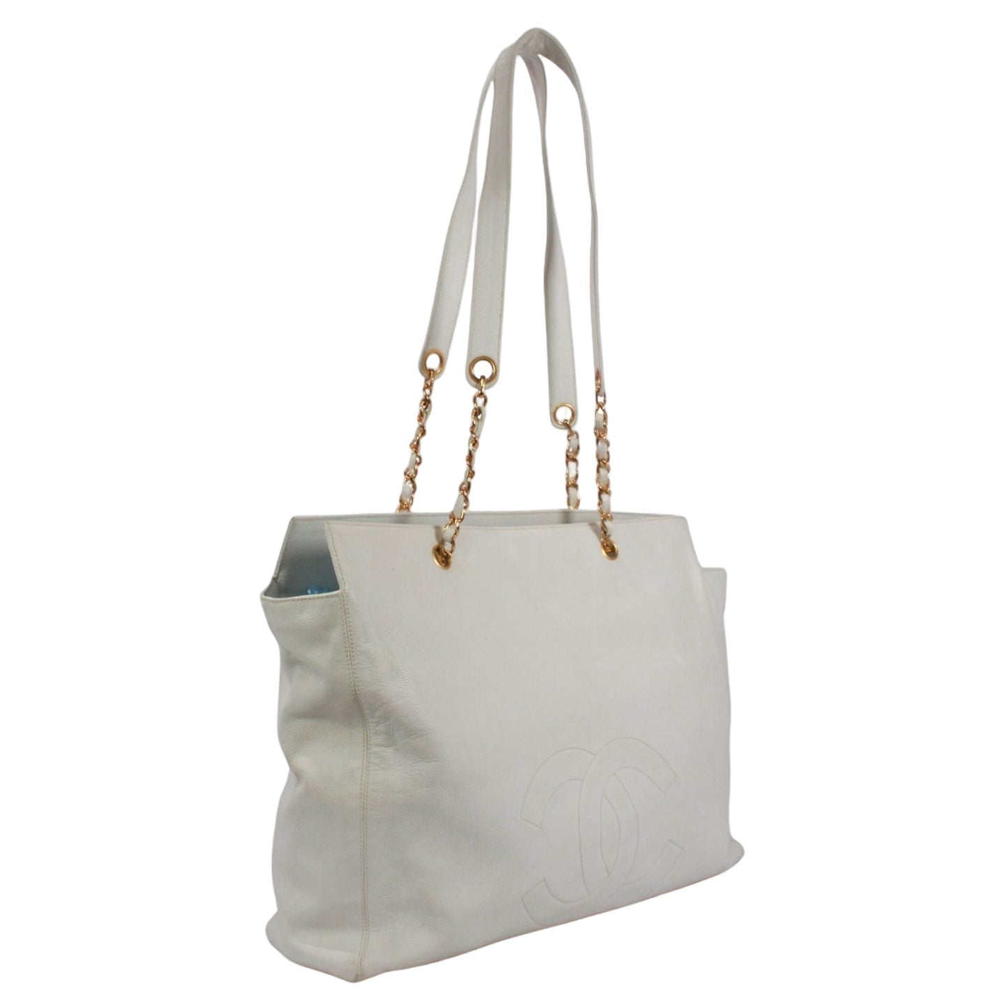 Chanel CC Logo Caviar Leather White Tote Gold — view 2