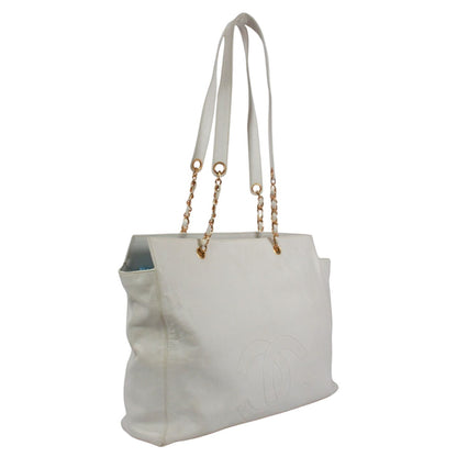 Chanel CC Logo Caviar Leather White Tote Gold — view 2
