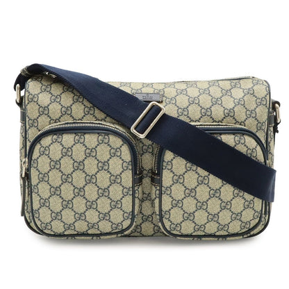 Gucci GG Supreme Plus Shoulder Bag Leather Beige Navy Silver
