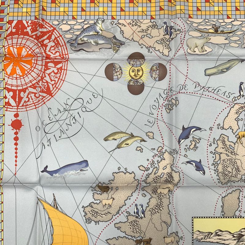 Hermes Carre 90 Le Voyage De Pytheas Scarf With Box Multicolor 100% Silk