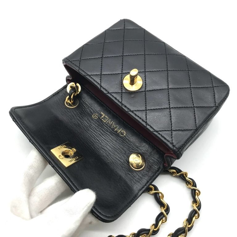 Chanel CC Logo Mini Quilted Lambskin Turnlock Chain Shoulder Bag Black