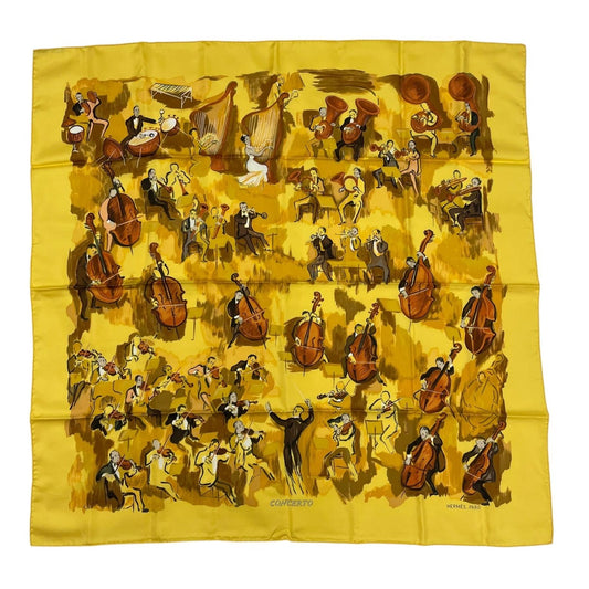 Hermes Carre 90 Concerto 100% Silk Scarf Yellow