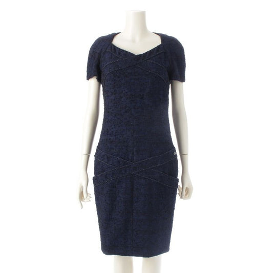 Chanel Alpaca Wool Coco Mark Short Sleeve Tweed Dress Blue 36