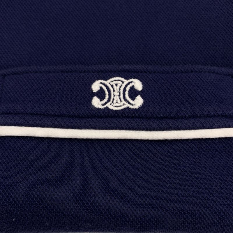 Celine - Triomphe Logo Slit Open Collar Shirt - M - Navy - Women's