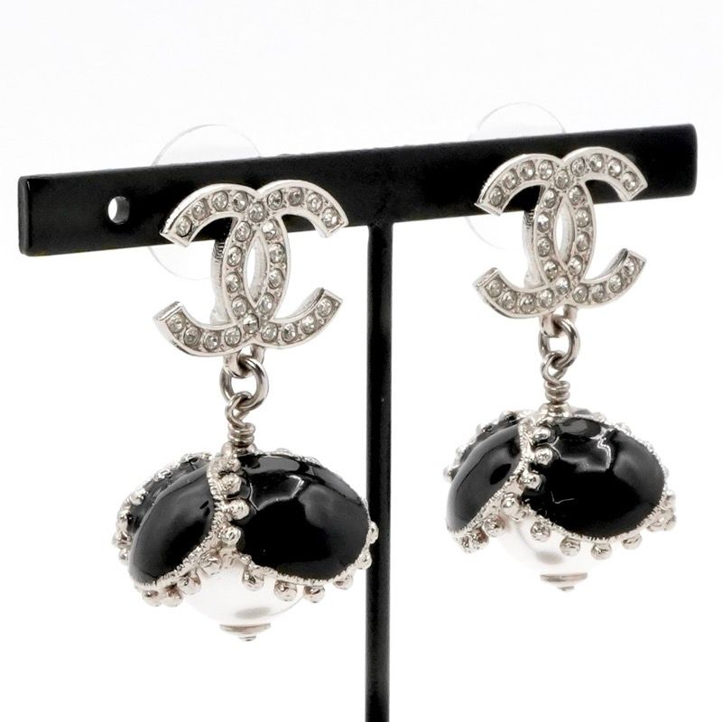 Chanel Earrings Earring Silver Black Coco Mark Rhinestone Flower