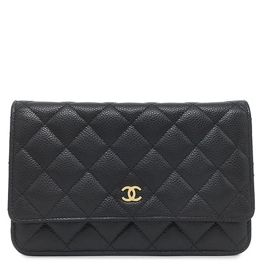 Chanel Chain Wallet Quilted Caviar Leather Black Gold CC Logo Shoulder Bag