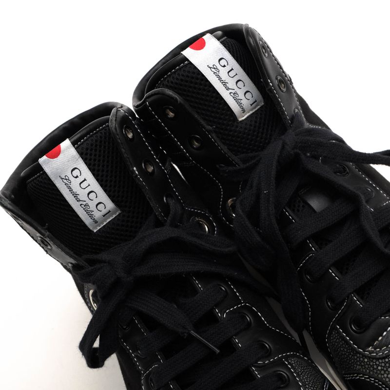 Gucci Shoes Sneakers Shoes High Cut Men Cotton Canvas Leather Black 254918