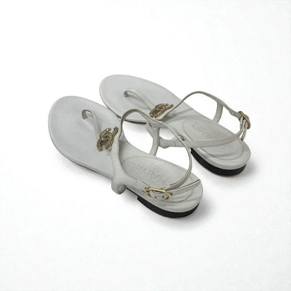 Chanel Sandals Shoes Leather White Gold Coco Mark Rhinestone Strap Thong