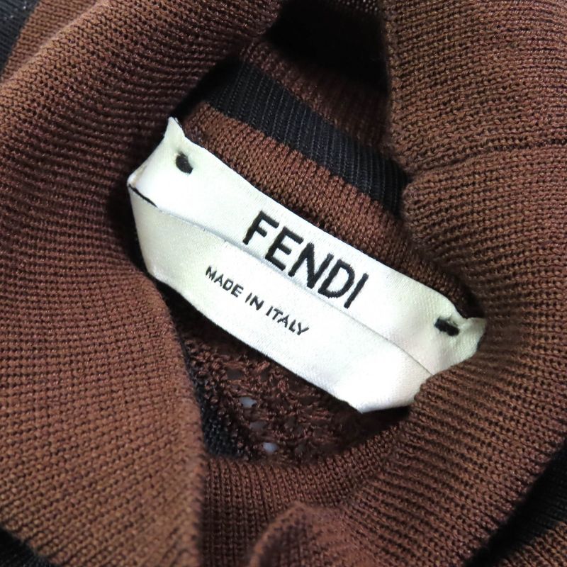 Fendi Fzy923 55% Silk Pecan High Neck Sheer Mesh Design Long Sleeve Top Brown