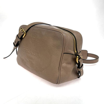 Prada Shoulder Bag Logo Shape Stamped Beige Leather 25ka868