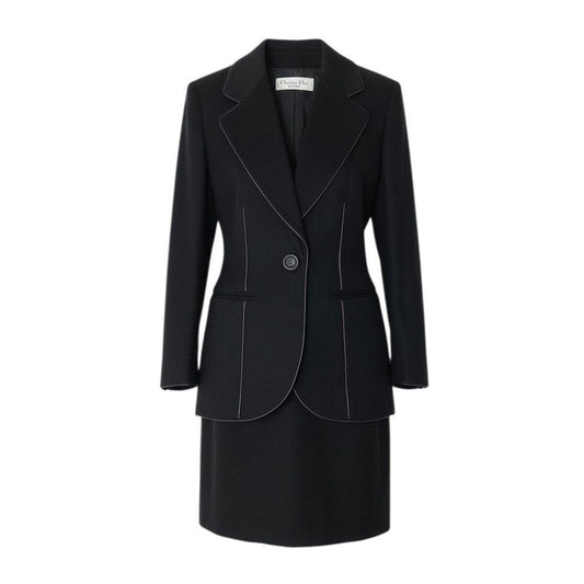 Dior Vintage Skirt Set Tailored Jacket Leather Piping Black