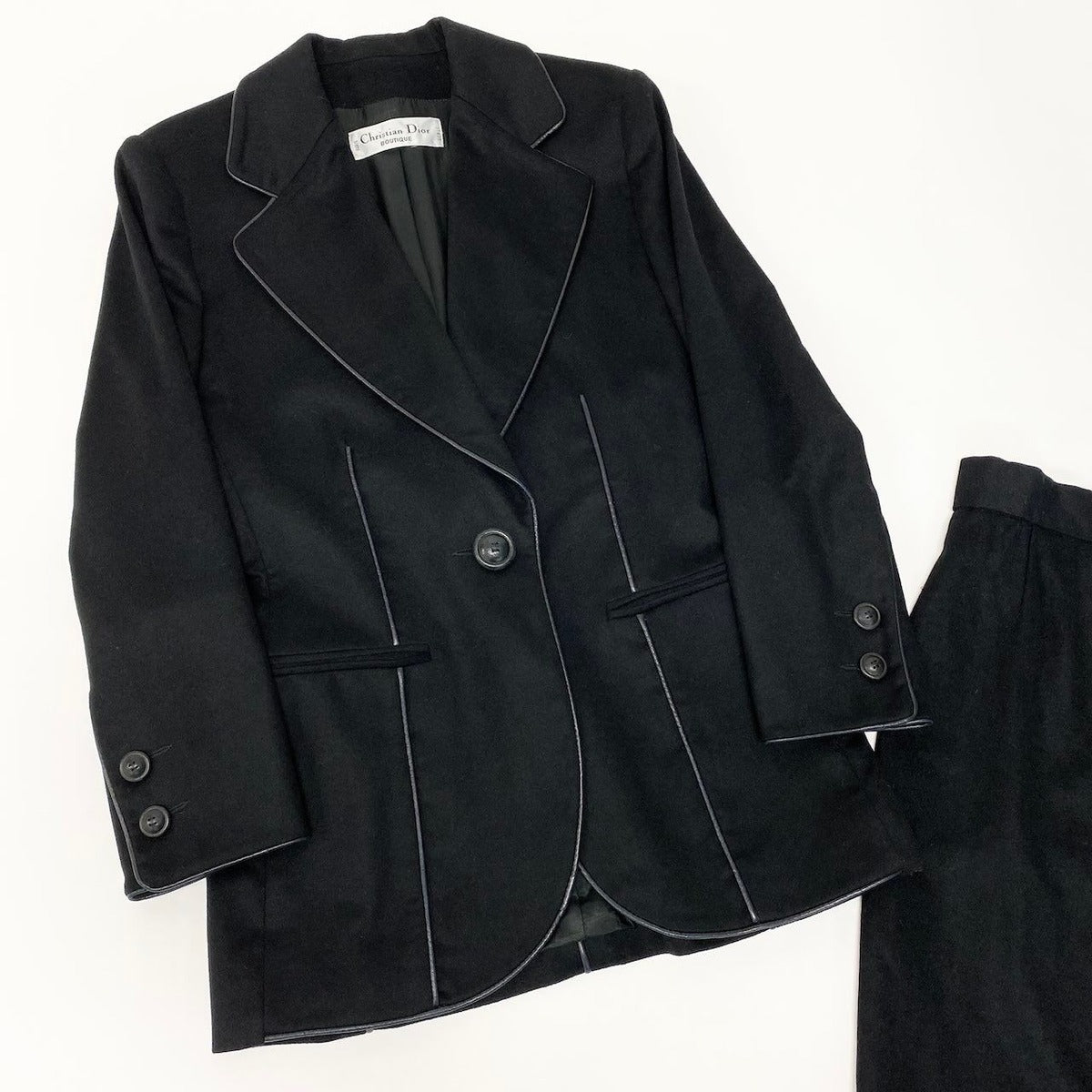 Dior Vintage Skirt Set Tailored Jacket Leather Piping Black — view 3