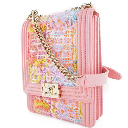 Chanel Chain Shoulder Boy Chanel Coco Mark As0130 Tweed And Lambskin Pink