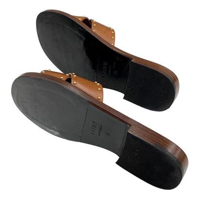 Celine Sandals Shoes Leather Brown Gold Flat Sandals Mules Studs