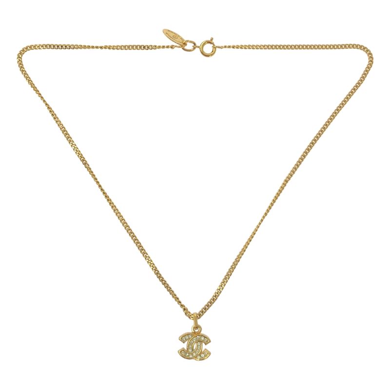 Chanel - Rhinestone Coco Mark Necklace With Charm - Gold - Women's