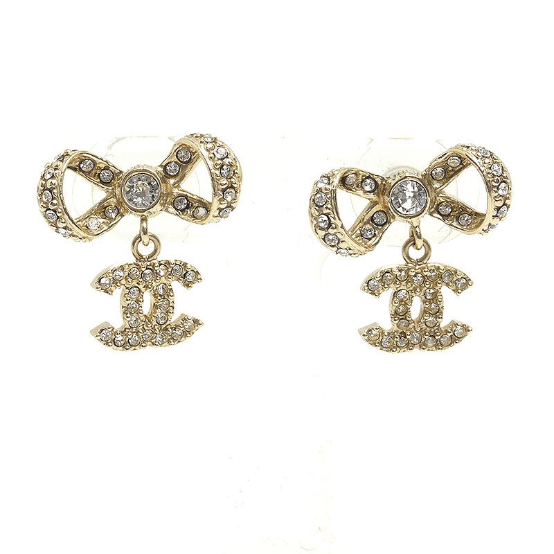 Chanel Ribbon Motif Earrings Coco Mark Rhinestone B14P