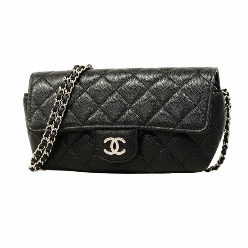 Chanel Shoulder Bag Matelasse Caviar Skin Black Silver Hardware Women