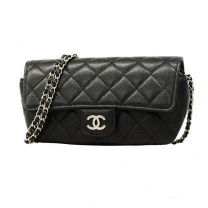 Chanel Shoulder Bag Matelasse Caviar Skin Black Silver Hardware Women