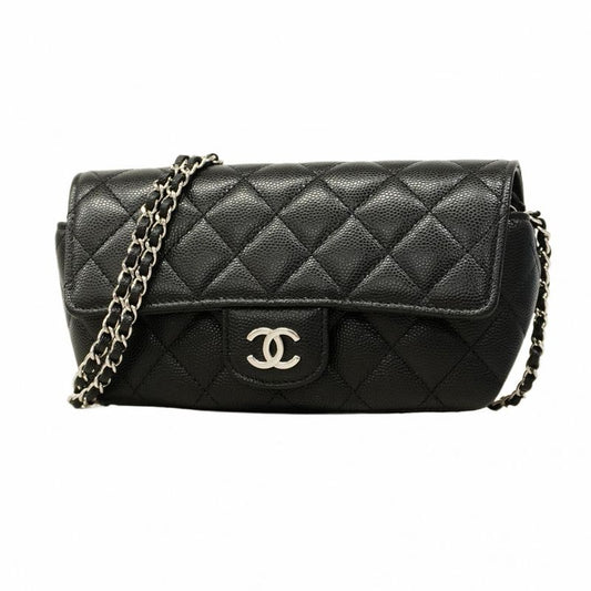 Chanel Shoulder Bag Matelasse Caviar Skin Black Silver Hardware Women