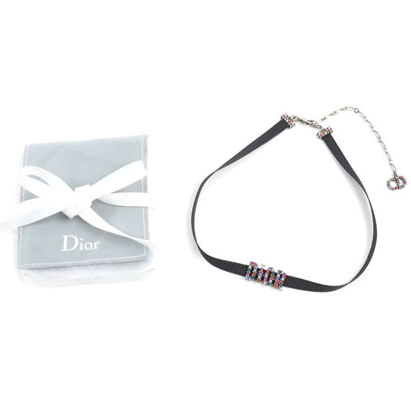 Christian DIOR Logo Choker With Rhinestones Black Multicolor Storage With Bag