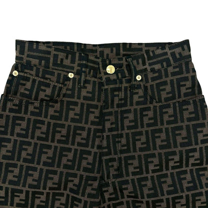 Fendi Zuka FF Total Pattern Logo Button Polyester Cotton Pants 27 Brown Black — view 2