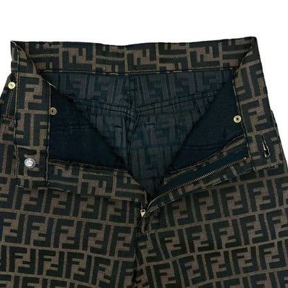 Fendi Zuka FF Total Pattern Logo Button Polyester Cotton Pants 27 Brown Black — view 3
