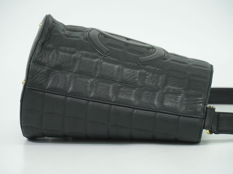 Authentic Chanel Coco Mark Chocolate Bar Shoulder Bag Lambskin Leather Black