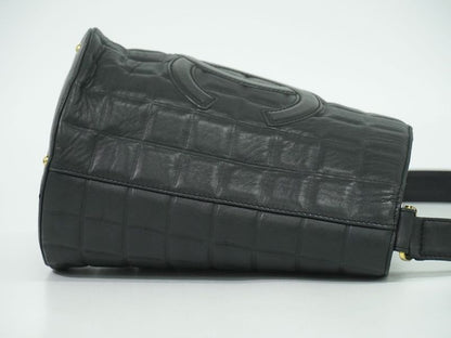 Authentic Chanel Coco Mark Chocolate Bar Shoulder Bag Lambskin Leather Black