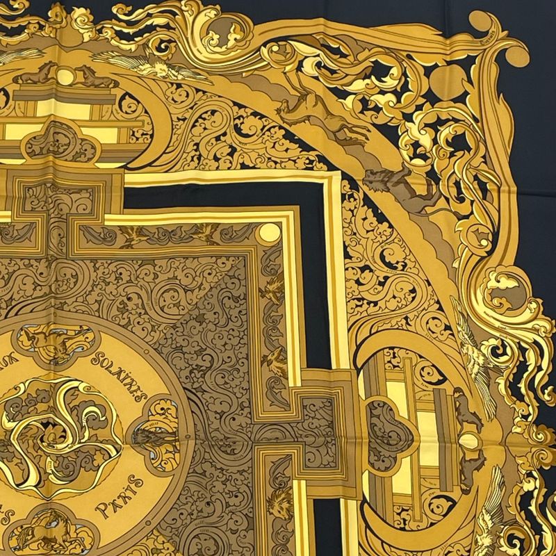 Hermes Carree 90 Animaux Solaires Animals Of The Sun Scarf Gold And Black