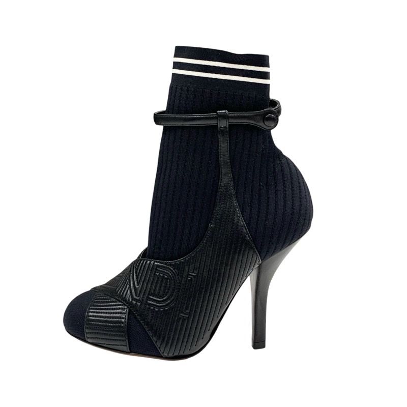 Fendi Rococo Boots Short Boots Shoes Fabric Leather Black White Black Logo Sock
