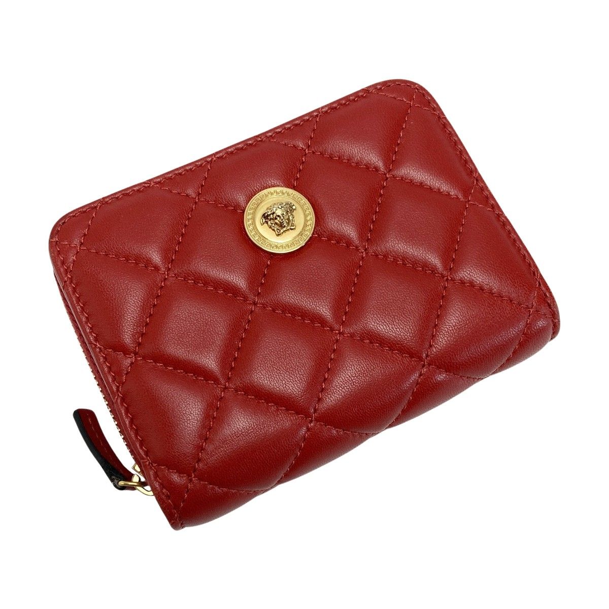 Versace Medusa Quilted Bifold Wallet Red Leather Round Zipper