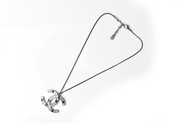 Chanel Necklace Pendant Rhinestone Gunmetal Blue