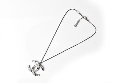Chanel Necklace Pendant Rhinestone Gunmetal Blue