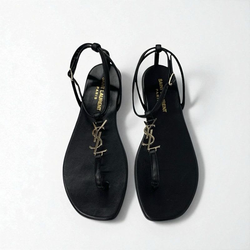 Saint Laurent Cassandra Sandals Shoes Leather Black Gold YSL Hardware Strap