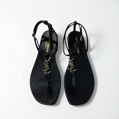 Saint Laurent Cassandra Sandals Shoes Leather Black Gold YSL Hardware Strap