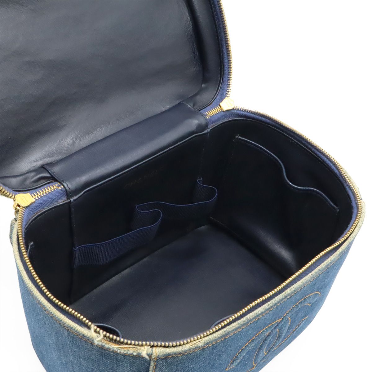 Chanel Coco Mark Denim Vanity Bag Handbag Cosmetic Pouch Makeup Pouch Blue Gold