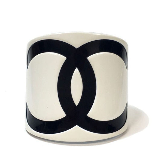 CHANEL CC Cuff Logo 05V Vintage Bracelet Bangle Black White Wide