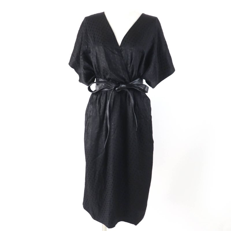 Celine 2r289598d 100% Silk Dotted V-neck Dress With Belt Black 38 Made In