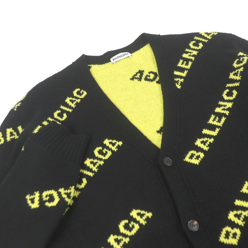 Balenciaga 555280 Wool Jacquard Logo Oversized Knit Cardigan Black S Made In