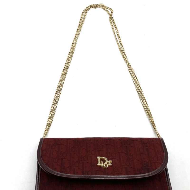 DIOR Trotter Canvas Chain Shoulder Bag Pouch Red Vintage Women's