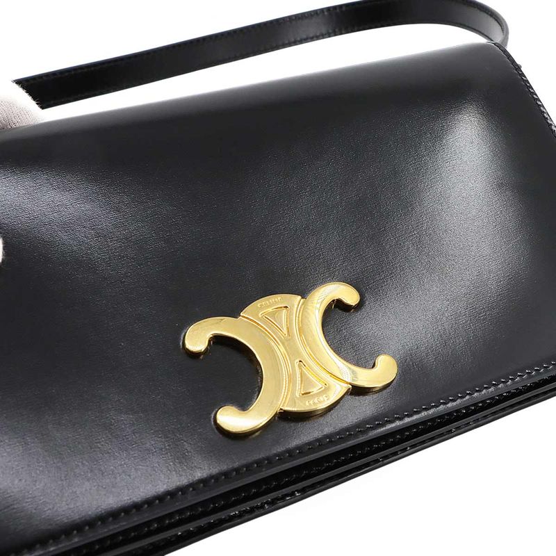 Celine Triomphe Trapeze 2way Shoulder Clutch Bag Leather Black Gold Hardware