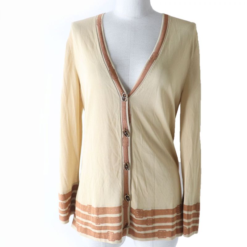 Hermes Belt Design With Buckle Buttons Long Sleeves V-neck Cardigan Beige